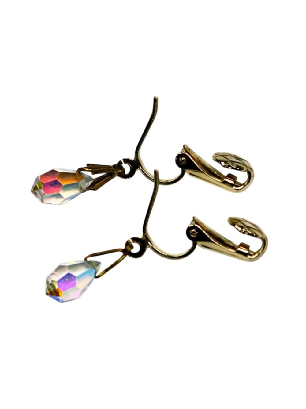 Vintage Aurora Borealis Teardrop Clip-On Earrings – Rhinestone Dangle, Gold Tone - Picture 4 of 4